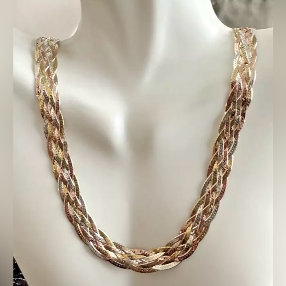 Vintage .925 Tri-Color Sterling Silver Braided Herringbone Italy Chain